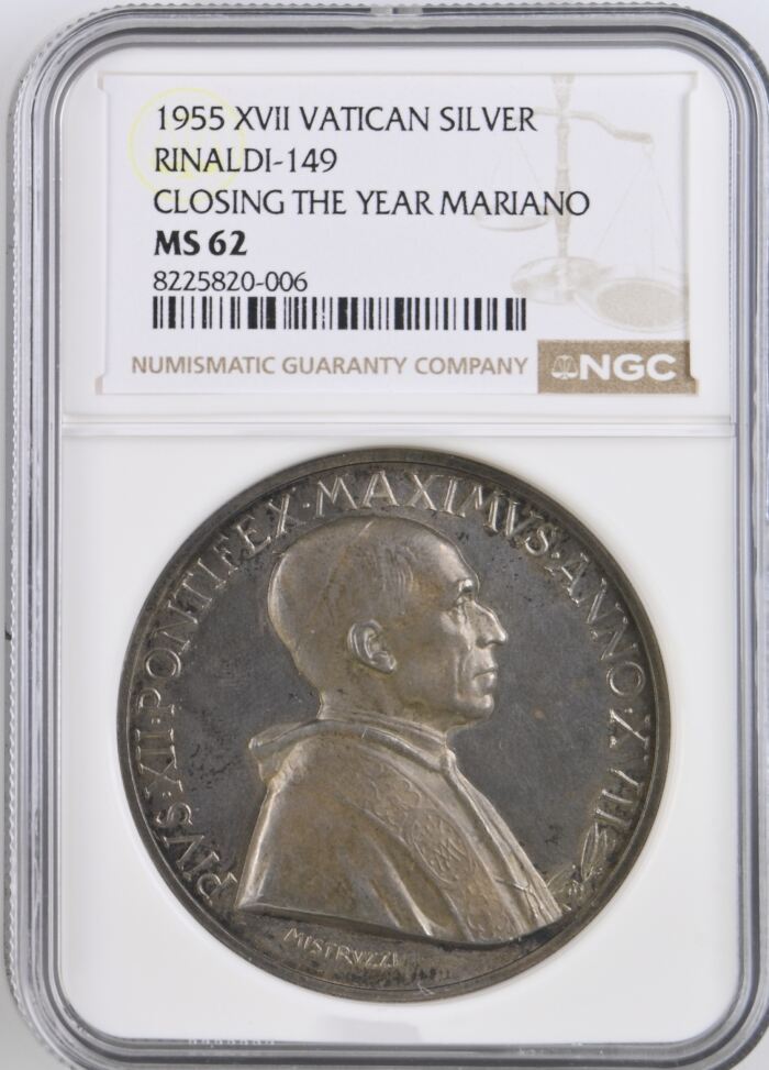 Italy/San Marino/Vatican Closing the Year Mariano Silver Medal 1955 XVII Rinaldi-149 NGC MS62 0153097Italy/San Marino/Vatican Closing the Year Mariano Silver Medal 1955 XVII Rinaldi-149 NGC MS62 0153097