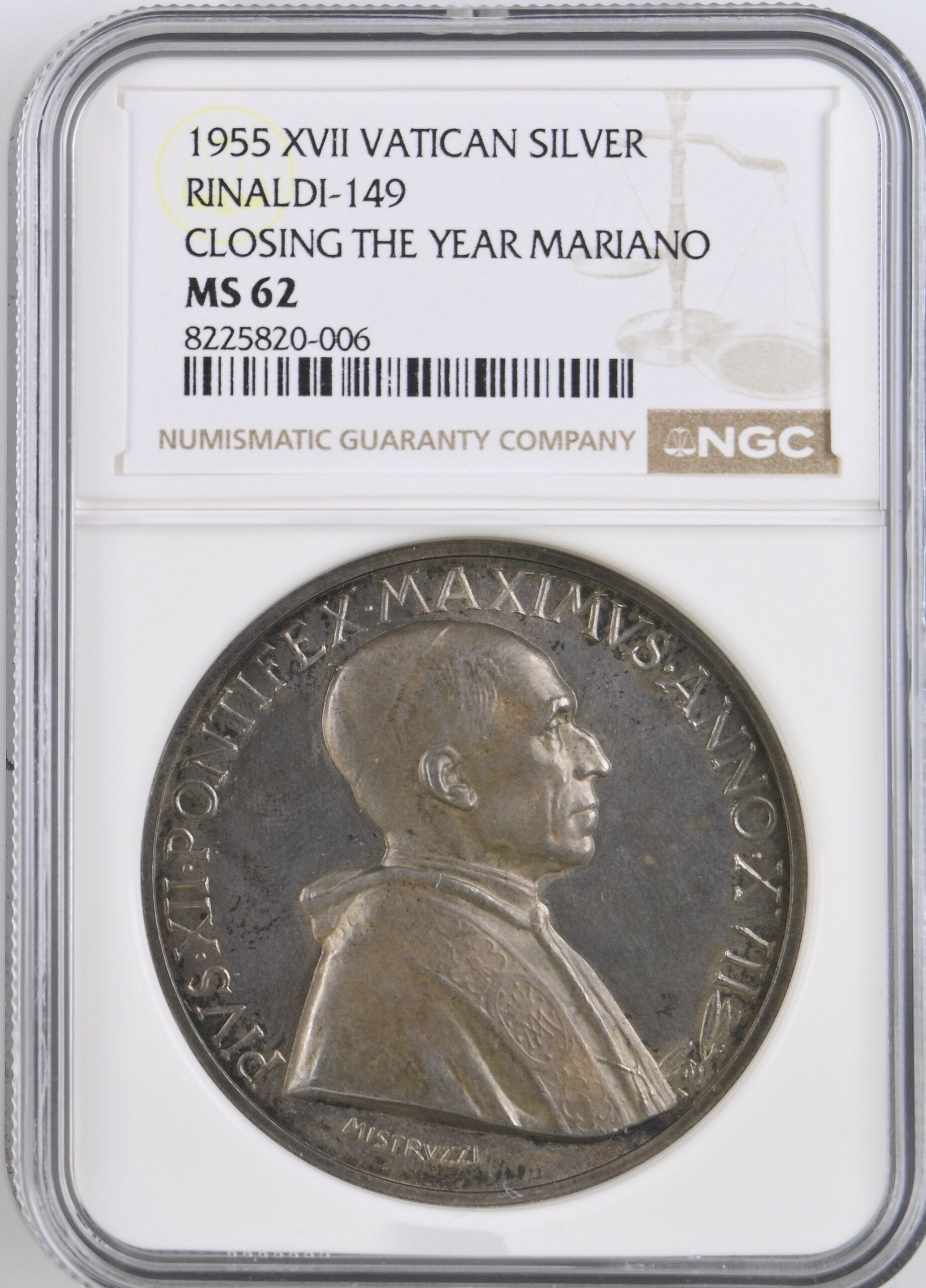 Italy/San Marino/Vatican Closing the Year Mariano Silver Medal 1955 XVII Rinaldi-149 NGC MS62 0153097