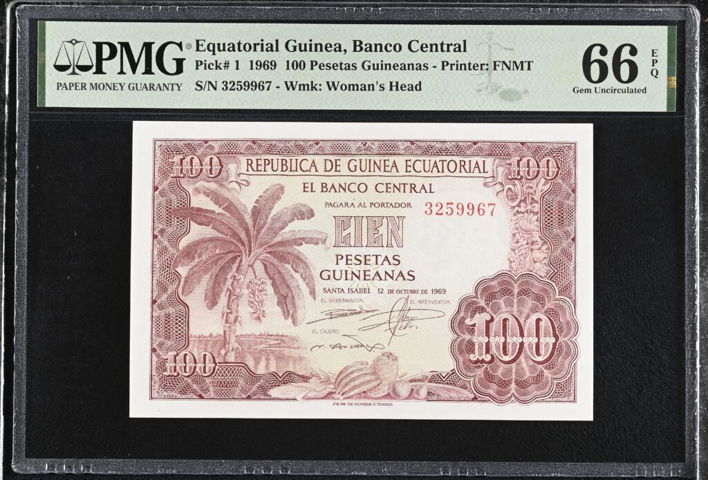 Equatorial Guinea 100 Pesetas Guineanas 1969 Pick# 1 PMG Gem UNC66 EPQ 0153158