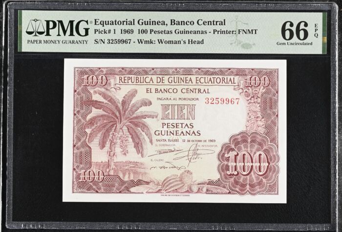 Equatorial Guinea 100 Pesetas Guineanas 1969 Pick# 1 PMG Gem UNC66 EPQ 0153158Equatorial Guinea 100 Pesetas Guineanas 1969 Pick# 1 PMG Gem UNC66 EPQ 0153158