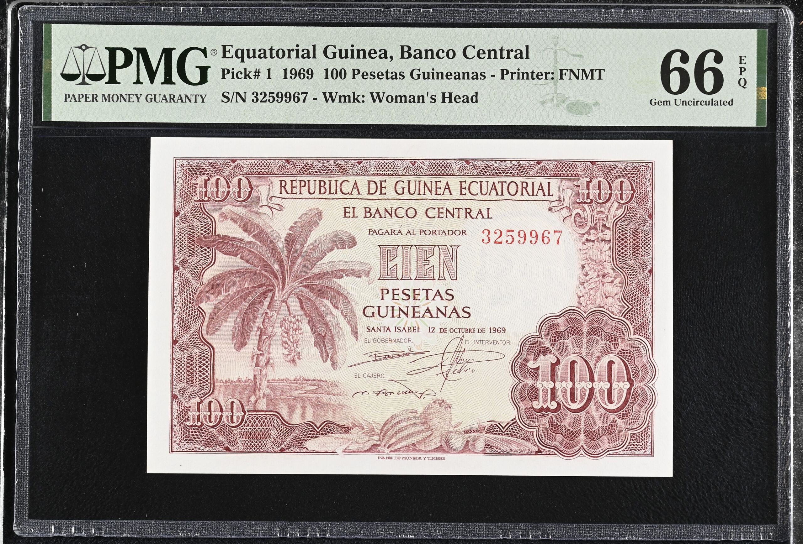 Equatorial Guinea 100 Pesetas Guineanas 1969 Pick# 1 PMG Gem UNC66 EPQ 0153158