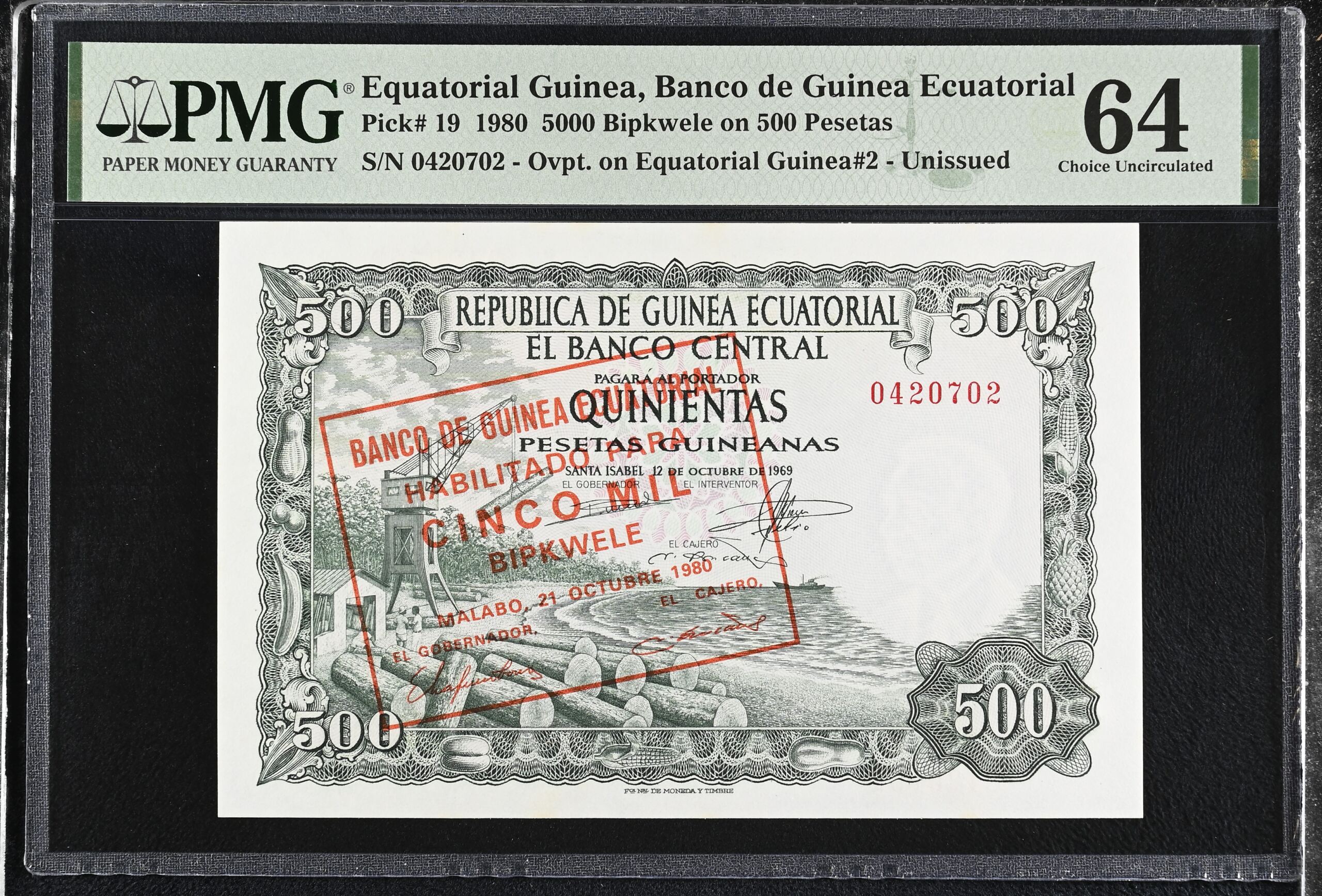 Equatorial Guinea 5000 Bipkwele on 500 Pesetas 1980 Pick# 19 PMG Ch UNC64 0153160