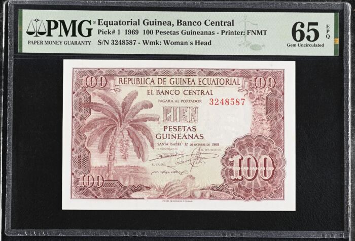 Equatorial Guinea 100 Pesetas Guineanas 1969 Pick# 1 PMG Gem UNC65 EPQ 0153161Equatorial Guinea 100 Pesetas Guineanas 1969 Pick# 1 PMG Gem UNC65 EPQ 0153161