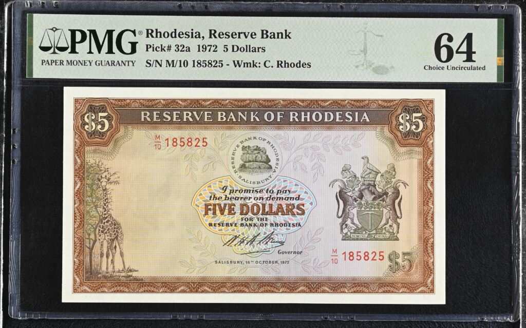 Rhodesia 5 Dollars 1972 Pick# 32a PMG Ch UNC64 0153164