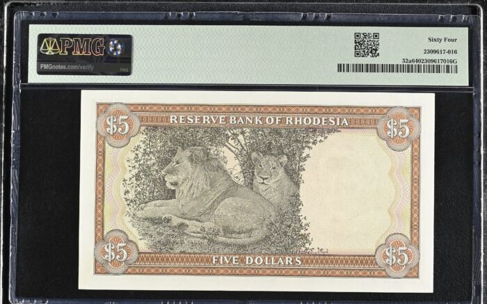 Rhodesia 5 Dollars 1972 Pick# 32a PMG Ch UNC64 0153164Rhodesia 5 Dollars 1972 Pick# 32a PMG Ch UNC64 0153164 - Image 2