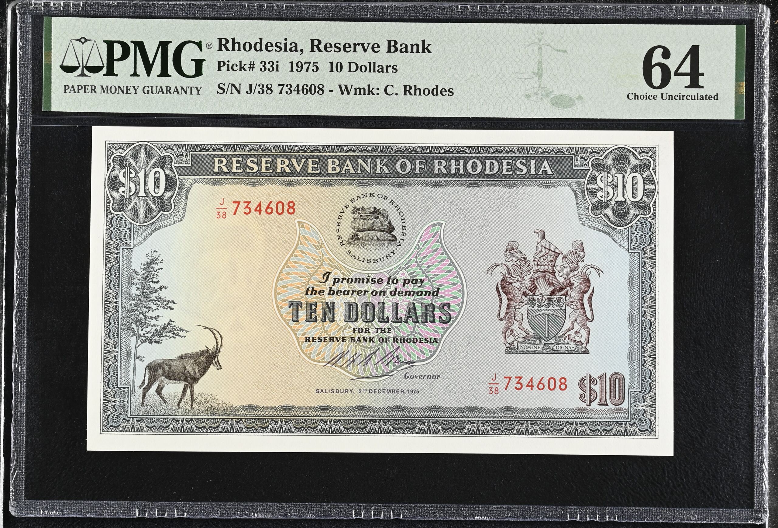 Rhodesia 10 Dollars 1975 Pick# 33i PMG Ch UNC64 0153165