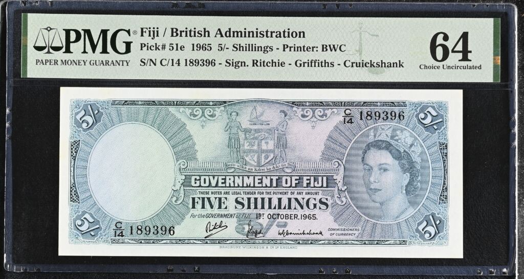 Fiji 5 Shillings 1965 Pick# 51e PMG Ch UNC64 0153171