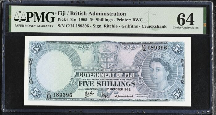 Fiji 5 Shillings 1965 Pick# 51e PMG Ch UNC64 0153171Fiji 5 Shillings 1965 Pick# 51e PMG Ch UNC64 0153171