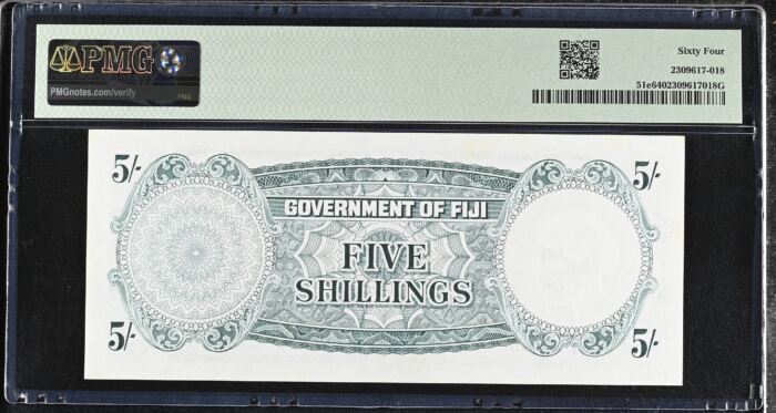 Fiji 5 Shillings 1965 Pick# 51e PMG Ch UNC64 0153171Fiji 5 Shillings 1965 Pick# 51e PMG Ch UNC64 0153171 - Image 2