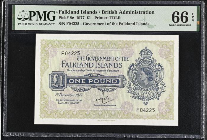 Falkland Islands Pound 1977 Pick# 8c PMG Gem UNC66 EPQ 0153172Falkland Islands Pound 1977 Pick# 8c PMG Gem UNC66 EPQ 0153172