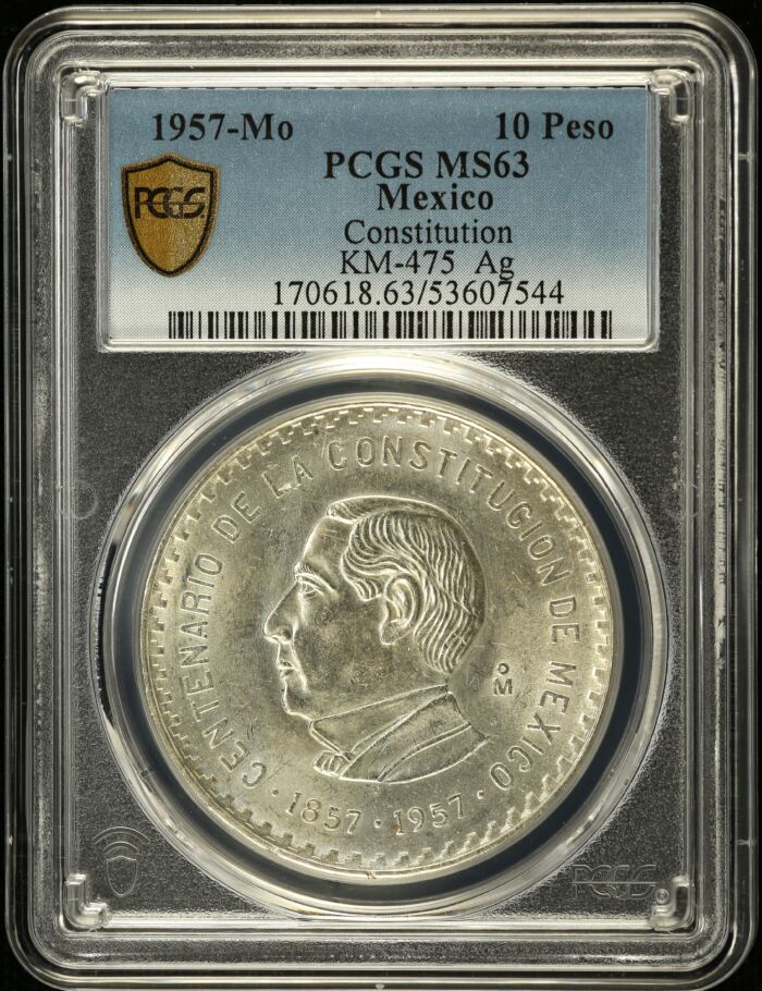 Modern Silver & Minors 10 Peso 1957 Mo KM-475 PCGS MS63 0153229Modern Silver & Minors 10 Peso 1957 Mo KM-475 PCGS MS63 0153229