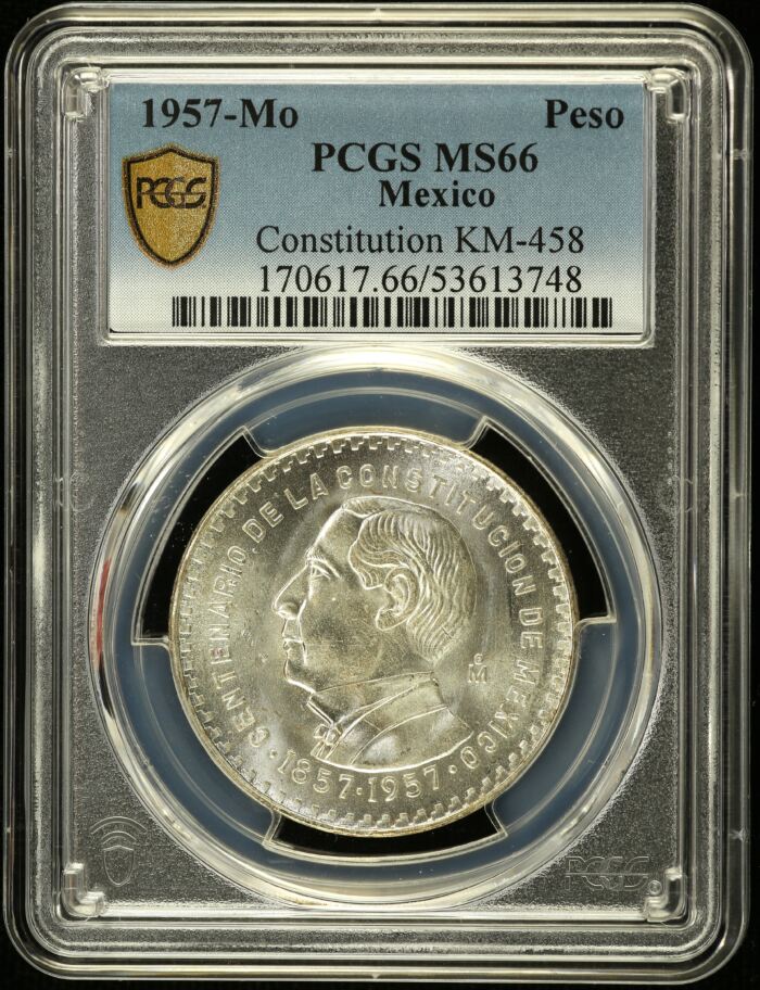 Modern Silver & Minors Peso 1957 Mo KM-458 PCGS MS66 0153583Modern Silver & Minors Peso 1957 Mo KM-458 PCGS MS66 0153583
