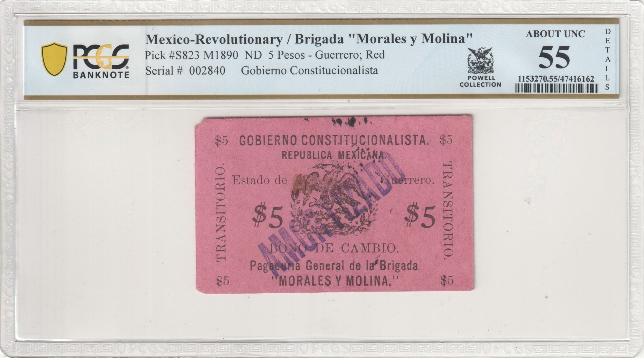 Revolutionary Currency 5 Pesos ND Guerrero M1890 PCGS AU55 Details f_35509