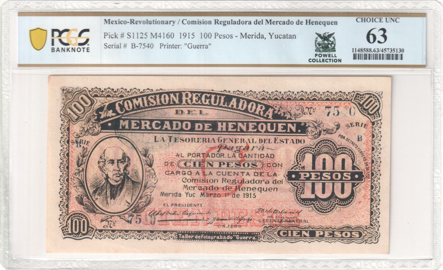 Revolutionary Currency 100 Pesos 1915 Yucatan M4160 PCGS Ch UNC63 f_35515