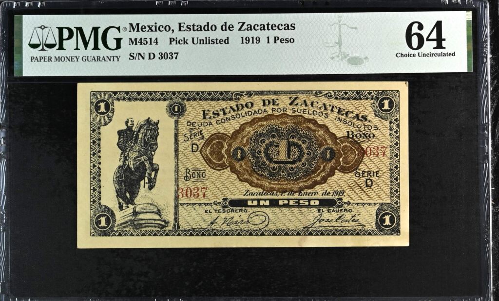 Post Revolution Peso 1919 Zacatecas M4514 PMG Ch UNC64 f_35516