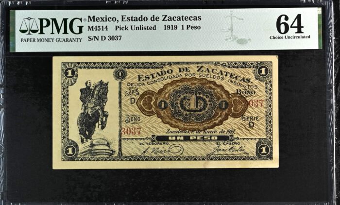 Post Revolution Peso 1919 Zacatecas M4514 PMG Ch UNC64 f_35516Post Revolution Peso 1919 Zacatecas M4514 PMG Ch UNC64 f_35516