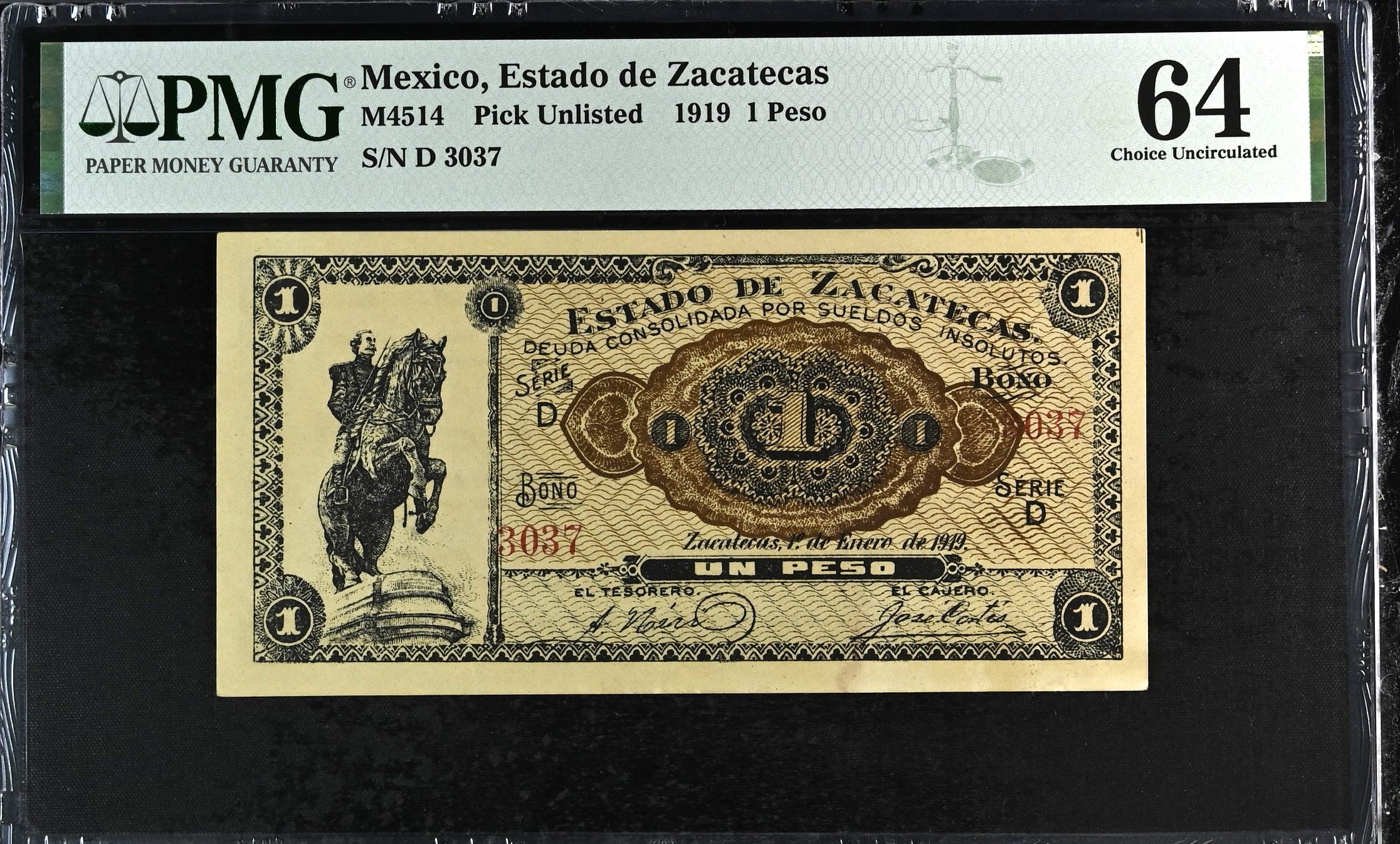 Post Revolution Peso 1919 Zacatecas M4514 PMG Ch UNC64 f_35516