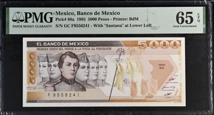 Banco De Mexico 5,000 Pesos 1985 Pick #88a PMG Gem UNC65 EPQ f_35527Banco De Mexico 5,000 Pesos 1985 Pick #88a PMG Gem UNC65 EPQ f_35527