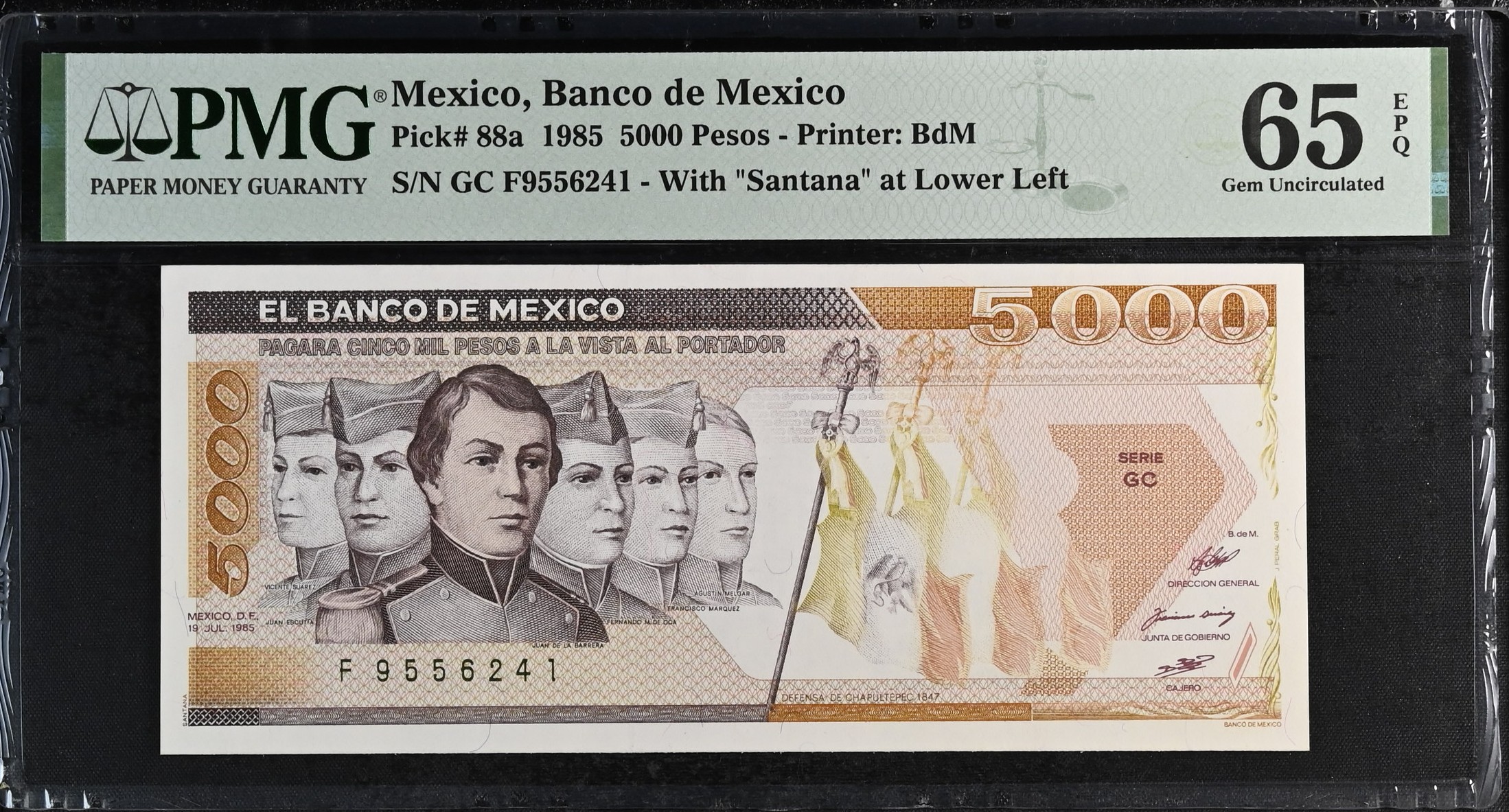Banco De Mexico 5,000 Pesos 1985 Pick #88a PMG Gem UNC65 EPQ f_35527