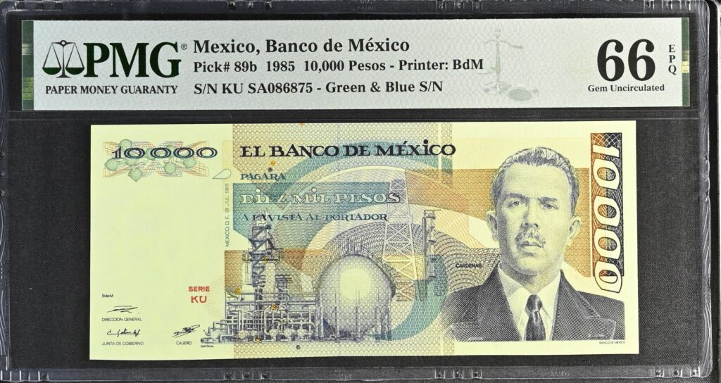 Banco De Mexico 10,000 Pesos 1985 Pick #89b PMG Gem UNC66 EPQ f_35528