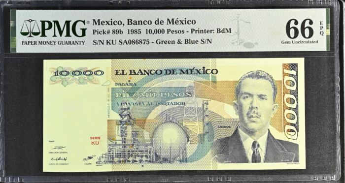 Banco De Mexico 10,000 Pesos 1985 Pick #89b PMG Gem UNC66 EPQ f_35528Banco De Mexico 10,000 Pesos 1985 Pick #89b PMG Gem UNC66 EPQ f_35528