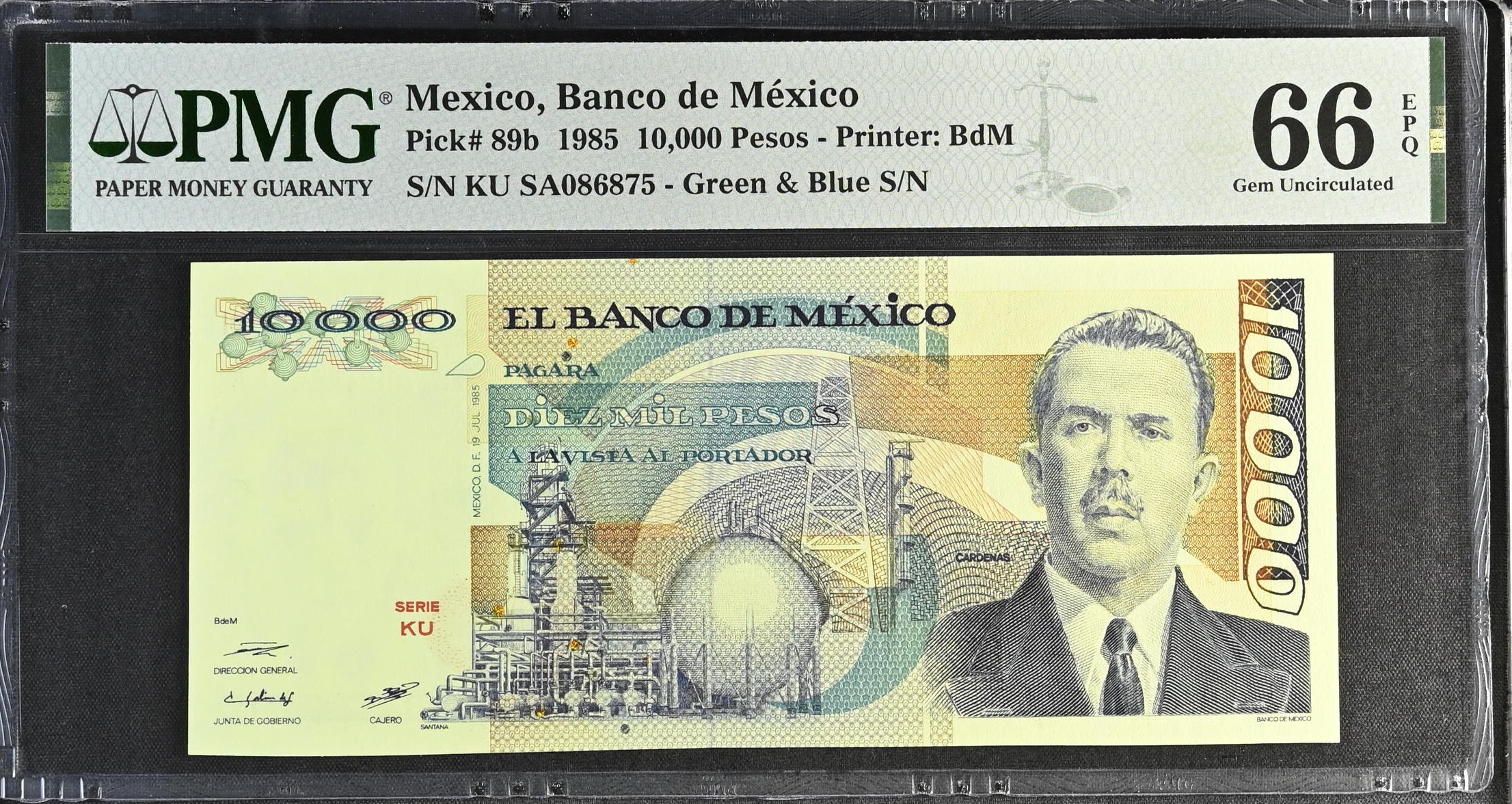 Banco De Mexico 10,000 Pesos 1985 Pick #89b PMG Gem UNC66 EPQ f_35528