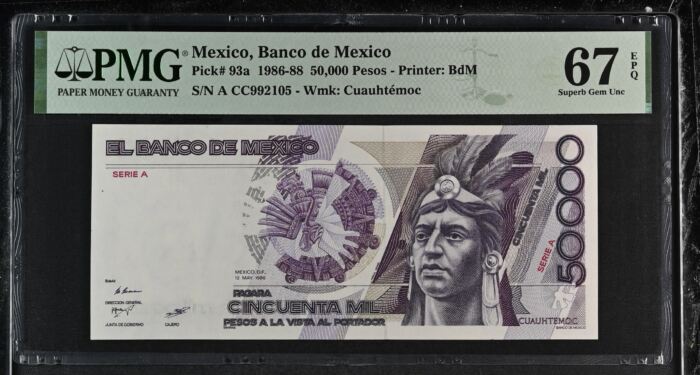 Banco De Mexico 50,000 Pesos 1986-88 Pick #93a PMG Superb Gem UNC67 EPQ f_35531Banco De Mexico 50,000 Pesos 1986-88 Pick #93a PMG Superb Gem UNC67 EPQ f_35531