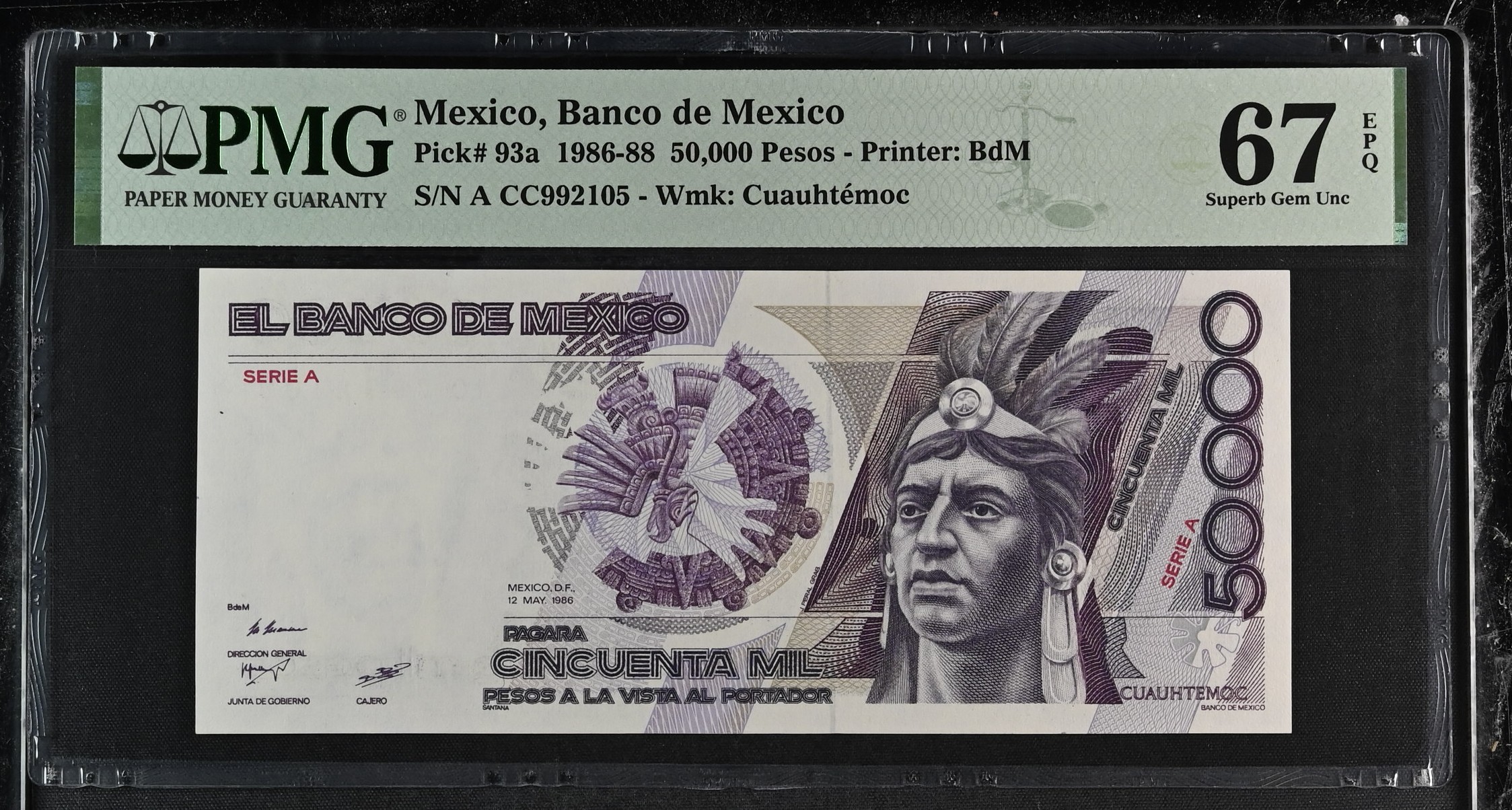 Banco De Mexico 50,000 Pesos 1986-88 Pick #93a PMG Superb Gem UNC67 EPQ f_35531