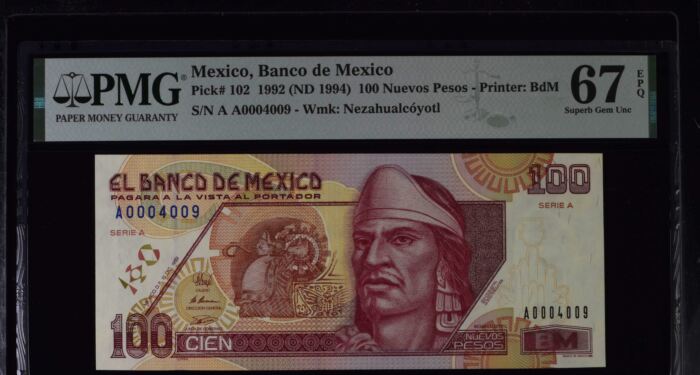 Banco De Mexico 100 Nuevos Pesos 1992 Pick #102 PMG Superb Gem UNC67 EPQ f_35534Banco De Mexico 100 Nuevos Pesos 1992 Pick #102 PMG Superb Gem UNC67 EPQ f_35534