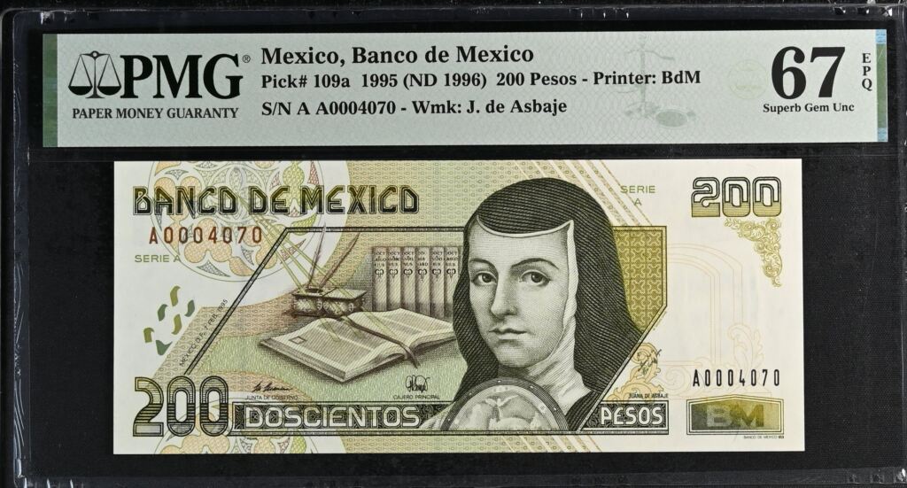 Banco De Mexico 200 Pesos 1995 Pick #109a PMG Superb Gem UNC67 EPQ f_35536