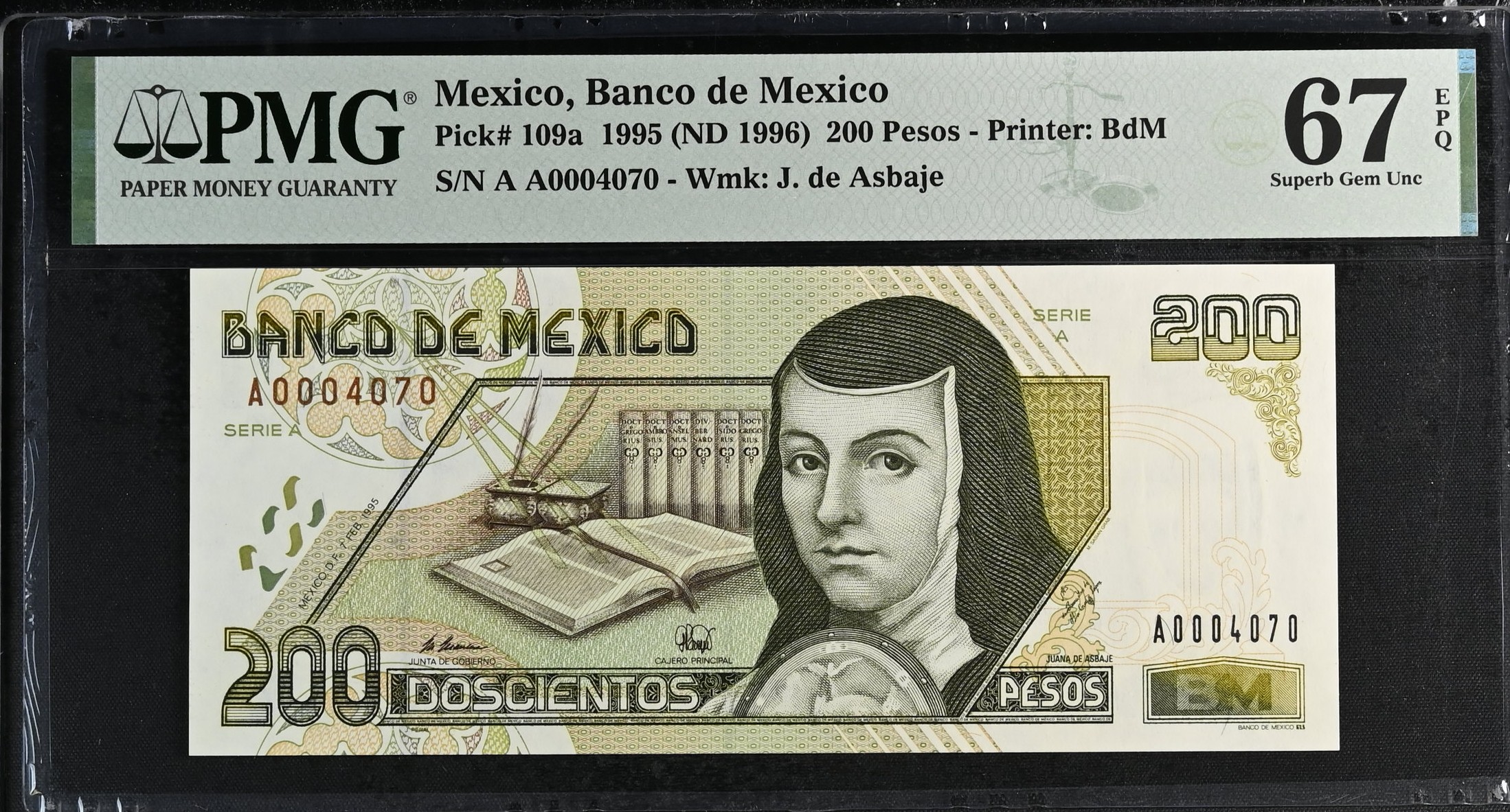 Banco De Mexico 200 Pesos 1995 Pick #109a PMG Superb Gem UNC67 EPQ f_35536