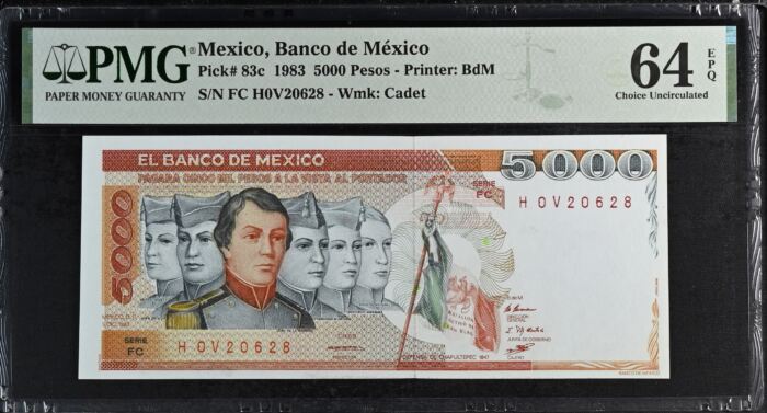 Banco De Mexico 5,000 Pesos 1983 Pick #83c PMG Ch UNC64 EPQ f_35538Banco De Mexico 5,000 Pesos 1983 Pick #83c PMG Ch UNC64 EPQ f_35538