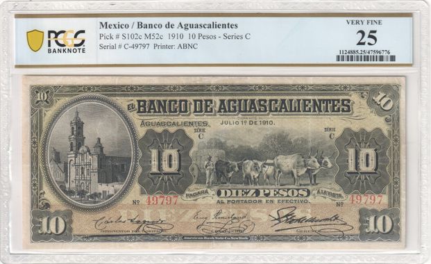 Bancos 10 Pesos 1910 Aguascalientes PCGS VF25 M52c f_35540