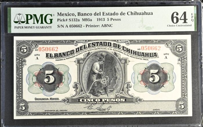 Bancos 5 Pesos 1913 Chihuahua M95a PMG Ch UNC64 EPQ f_35541Bancos 5 Pesos 1913 Chihuahua M95a PMG Ch UNC64 EPQ f_35541
