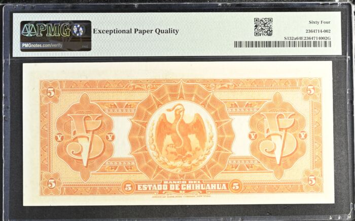 Bancos 5 Pesos 1913 Chihuahua M95a PMG Ch UNC64 EPQ f_35541Bancos 5 Pesos 1913 Chihuahua M95a PMG Ch UNC64 EPQ f_35541 - Image 2