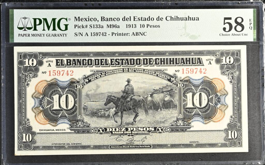 Bancos 10 Pesos 1913 Chihuahua M96a PMG Ch AU58 EPQ f_35542