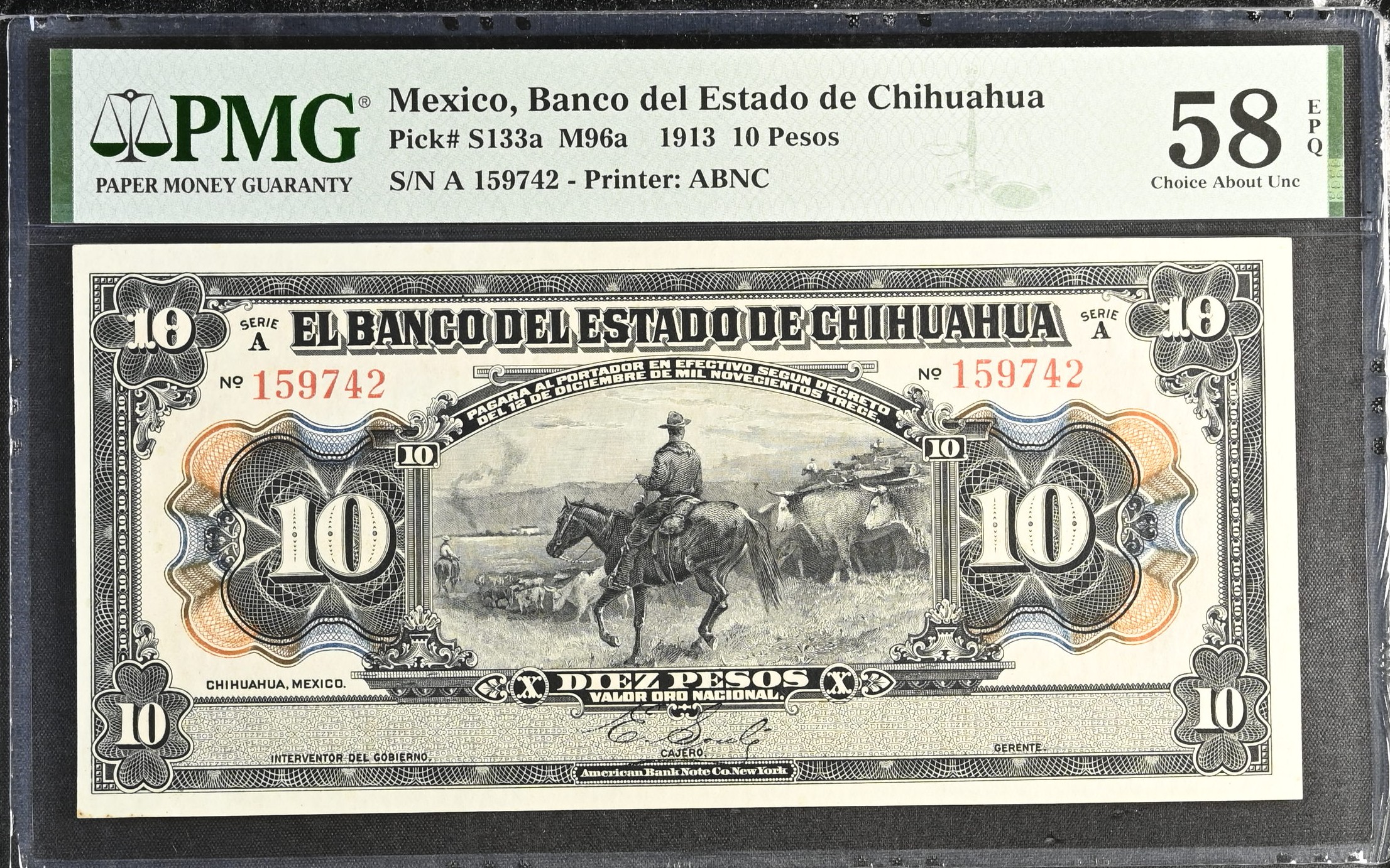 Bancos 10 Pesos 1913 Chihuahua M96a PMG Ch AU58 EPQ f_35542