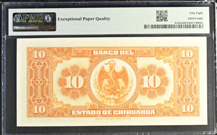 Bancos 10 Pesos 1913 Chihuahua M96a PMG Ch AU58 EPQ f_35542Bancos 10 Pesos 1913 Chihuahua M96a PMG Ch AU58 EPQ f_35542 - Image 2