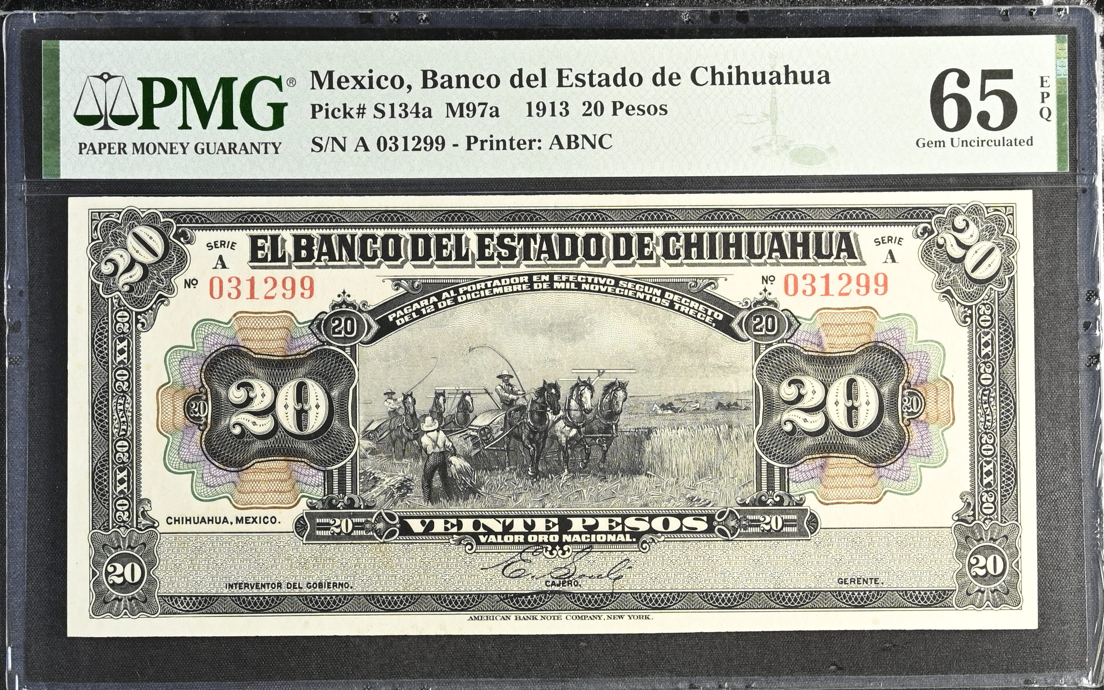 Bancos 20 Pesos 1913 Chihuahua M97a PMG Gem UNC65 EPQ f_35543