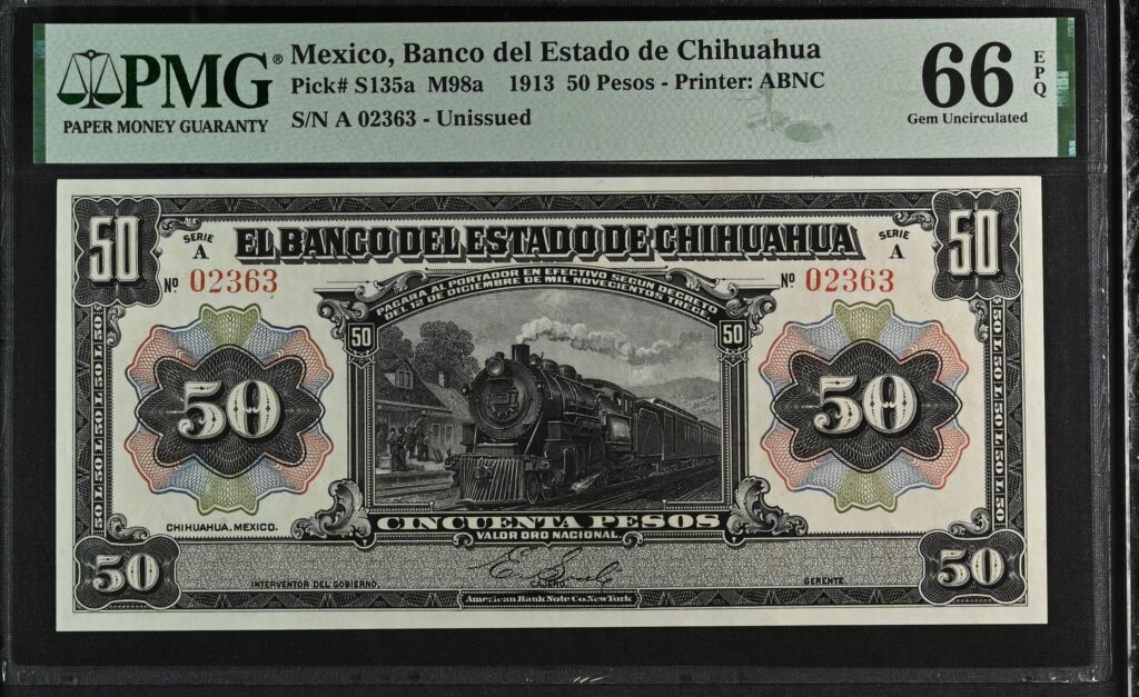 Bancos 50 Pesos 1913 Chihuahua M98a PMG Gem UNC66 EPQ f_35544