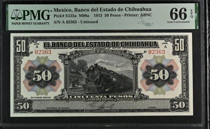 Bancos 50 Pesos 1913 Chihuahua M98a PMG Gem UNC66 EPQ f_35544Bancos 50 Pesos 1913 Chihuahua M98a PMG Gem UNC66 EPQ f_35544