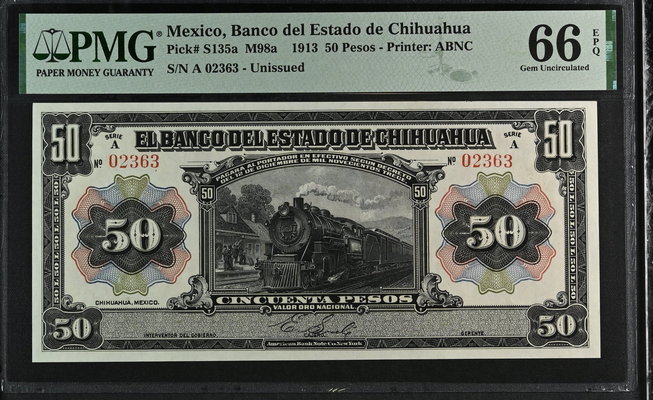 Bancos 50 Pesos 1913 Chihuahua M98a PMG Gem UNC66 EPQ f_35544