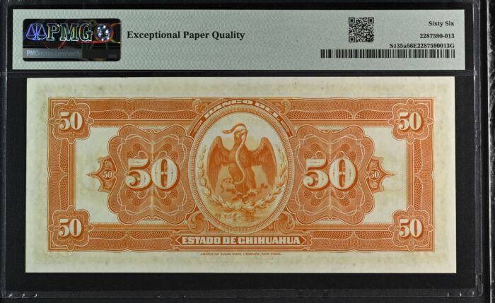 Bancos 50 Pesos 1913 Chihuahua M98a PMG Gem UNC66 EPQ f_35544Bancos 50 Pesos 1913 Chihuahua M98a PMG Gem UNC66 EPQ f_35544 - Image 2