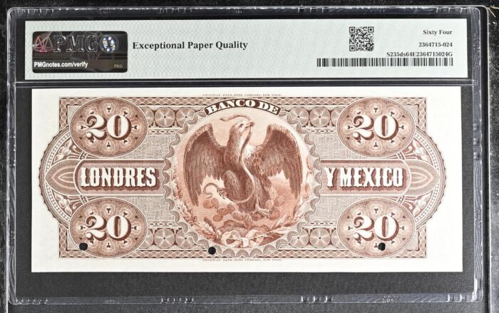 Bancos 20 Pesos 1910-13 Distrito Federal M273s PMG Ch UNC64 EPQ f_35545Bancos 20 Pesos 1910-13 Distrito Federal M273s PMG Ch UNC64 EPQ f_35545 - Image 2