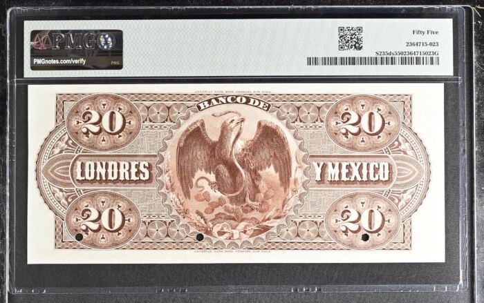 Bancos 20 Pesos 1910-13 Distrito Federal M273s PMG AU55 f_35546Bancos 20 Pesos 1910-13 Distrito Federal M273s PMG AU55 f_35546 - Image 2