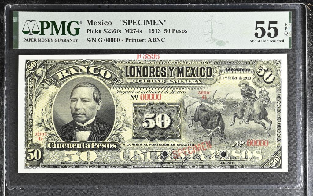 Bancos Mexican Currency Bancos 50 Pesos 1913 Distrito Federal M274s PMG AU55 EPQ f_35547 Bancos 50 Pesos 1913 Distrito Federal M274s PMG AU55 EPQ f_35547Property of World Numismatics