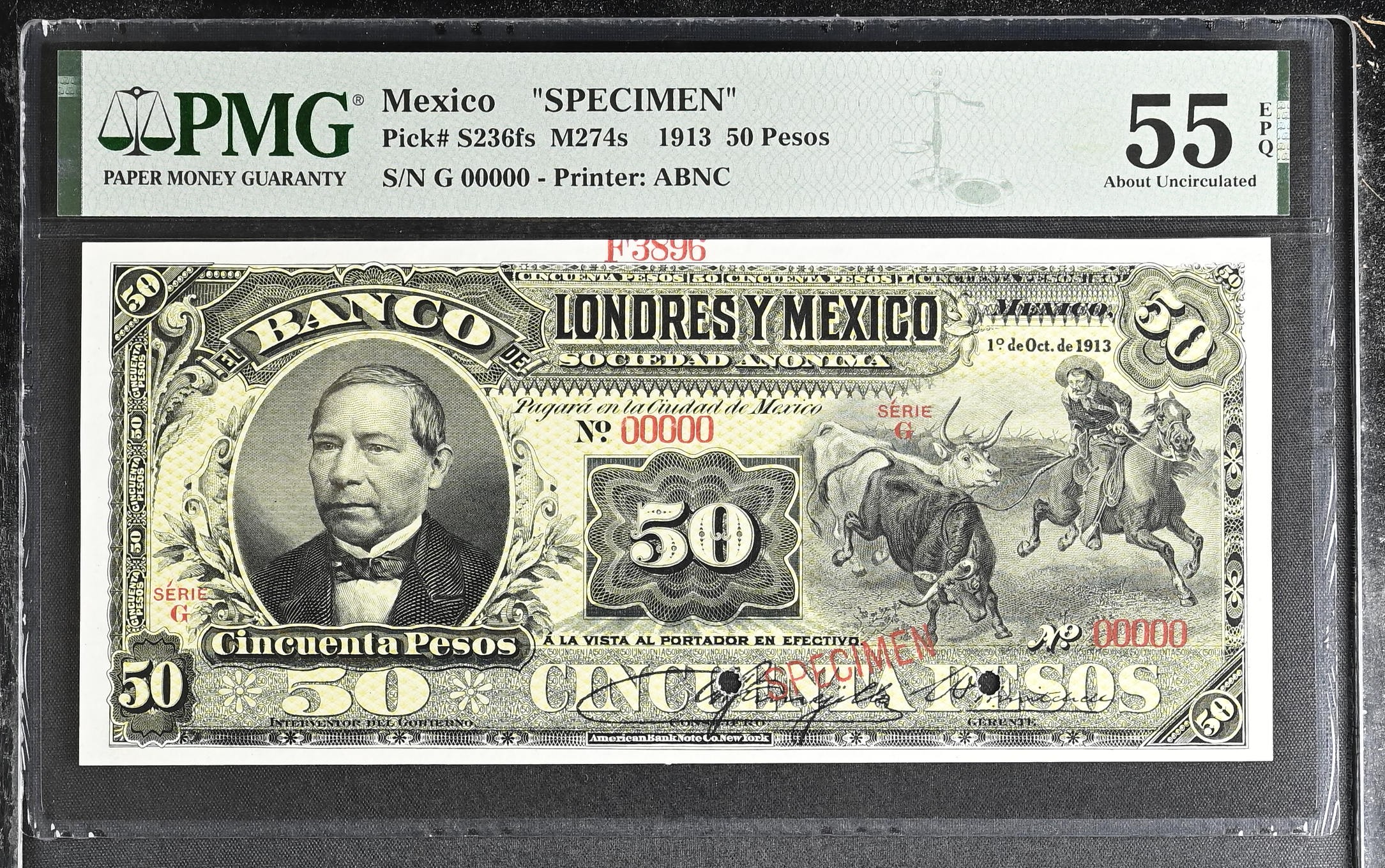 Bancos Mexican Currency Bancos 50 Pesos 1913 Distrito Federal M274s PMG AU55 EPQ f_35547 Bancos 50 Pesos 1913 Distrito Federal M274s PMG AU55 EPQ f_35547Property of World Numismatics