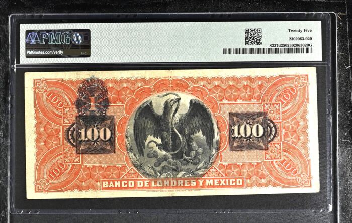 Bancos 100 Pesos 1902-12 Distrito Federal M275d PMG VF25 f_35549Bancos 100 Pesos 1902-12 Distrito Federal M275d PMG VF25 f_35549 - Image 2