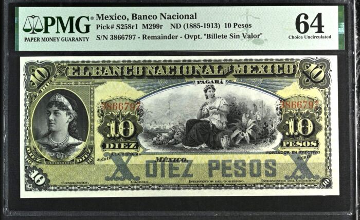 Bancos 10 Pesos ND Distrito Federal M299r PMG Ch UNC64 f_35552Bancos 10 Pesos ND Distrito Federal M299r PMG Ch UNC64 f_35552