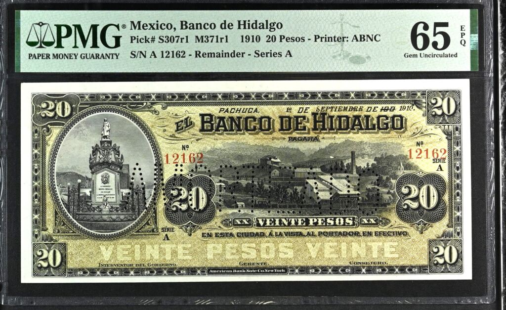 Bancos Mexican Currency Bancos 20 Pesos 1910 Hidalgo M371r1 PMG Gem UNC65 EPQ f_35555 Bancos 20 Pesos 1910 Hidalgo M371r1 PMG Gem UNC65 EPQ f_35555Property of World Numismatics